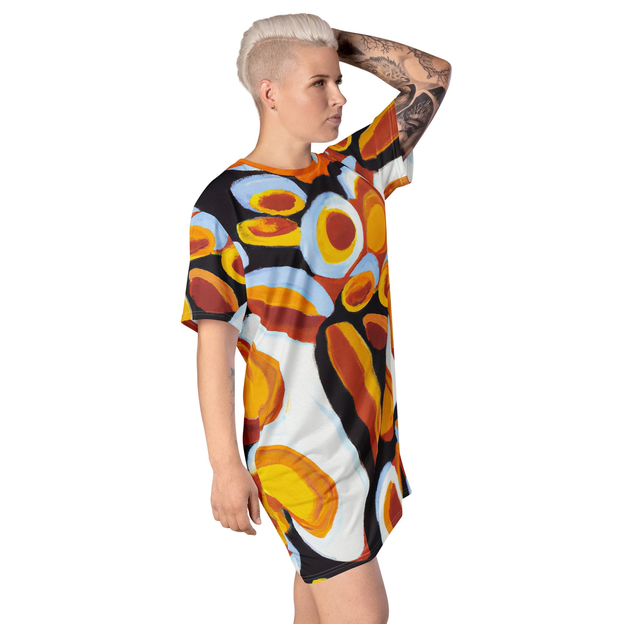 Womens Graphic T-shirt Dress, Orange Black White Geometric Print-3