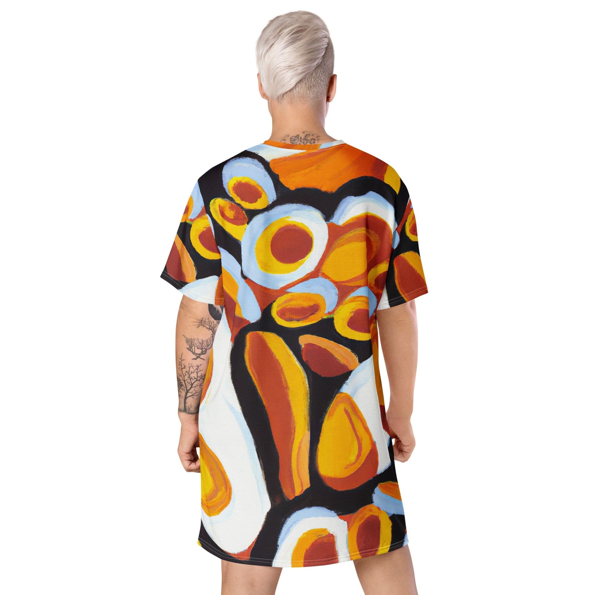 Womens Graphic T-shirt Dress, Orange Black White Geometric Print-4