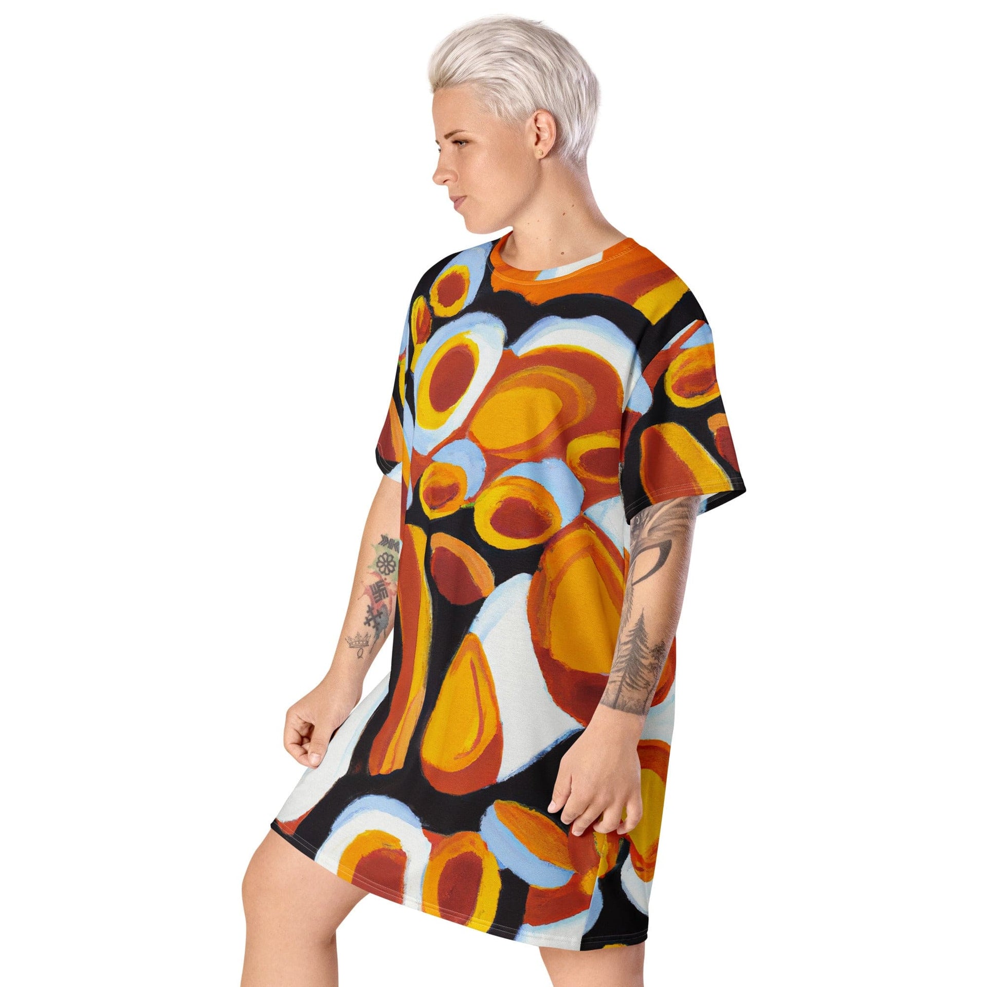 Womens Graphic T-shirt Dress, Orange Black White Geometric Print-2