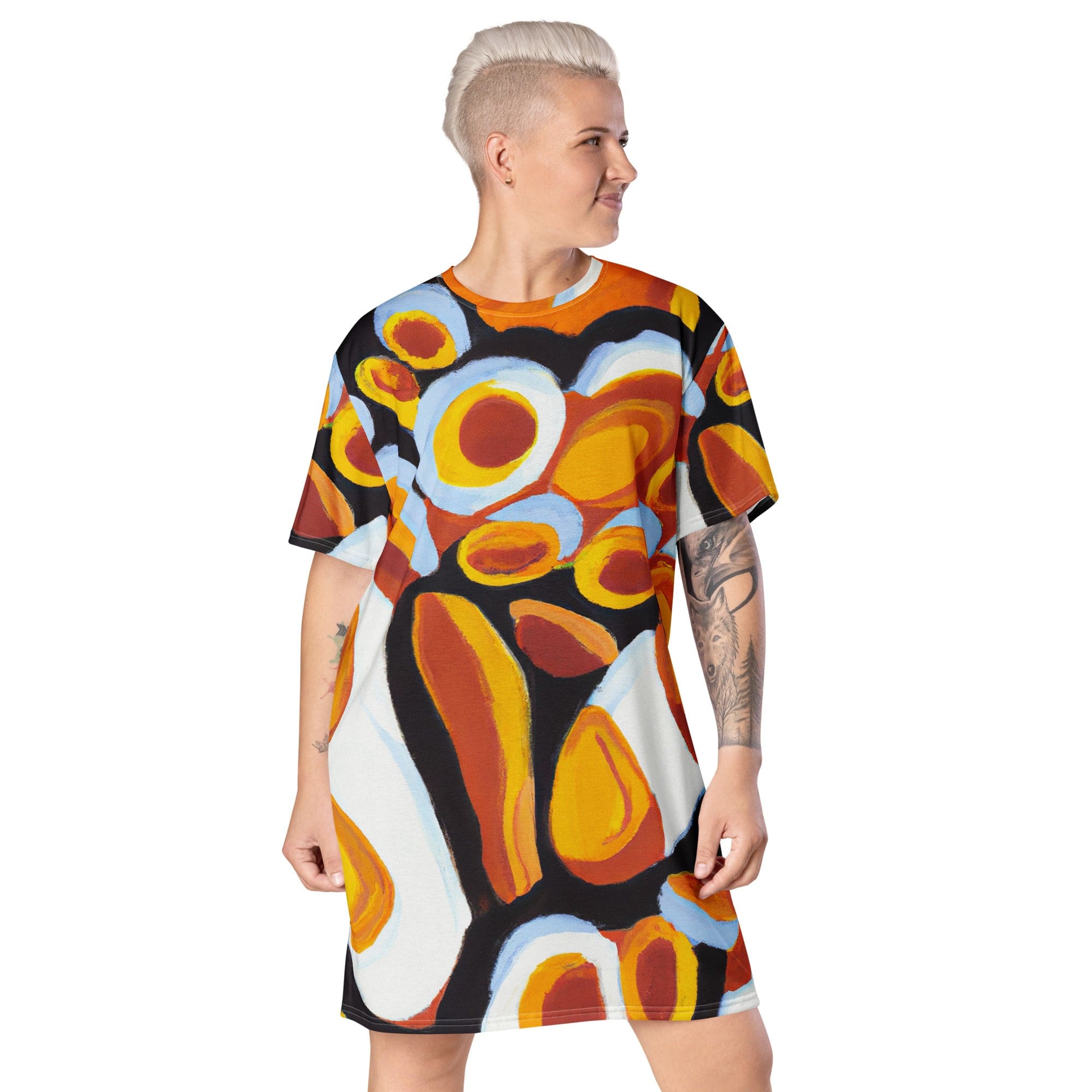 Womens Graphic T-shirt Dress, Orange Black White Geometric Print-0