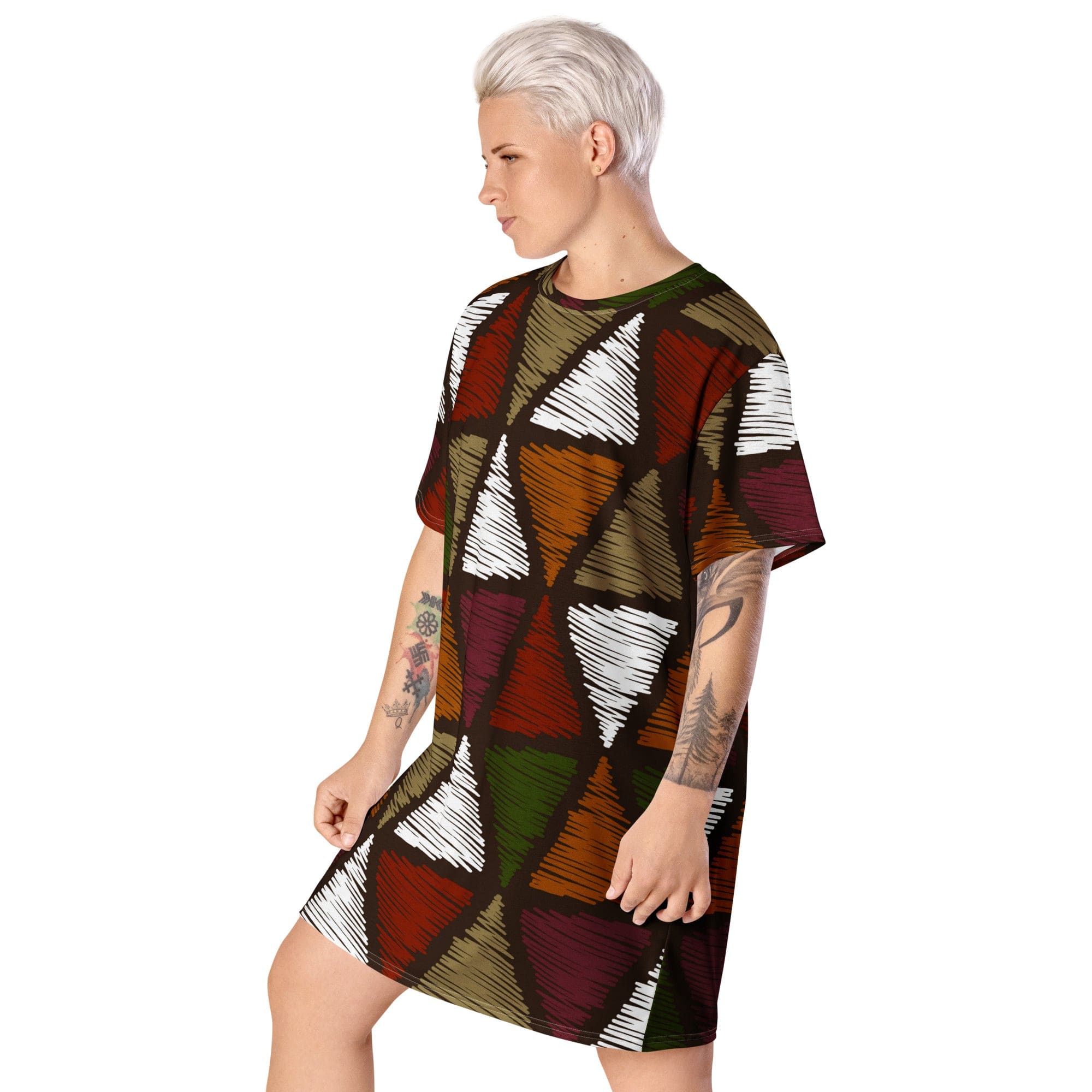 Womens Graphic T-shirt Dress, Red Green Geometric Lines-2