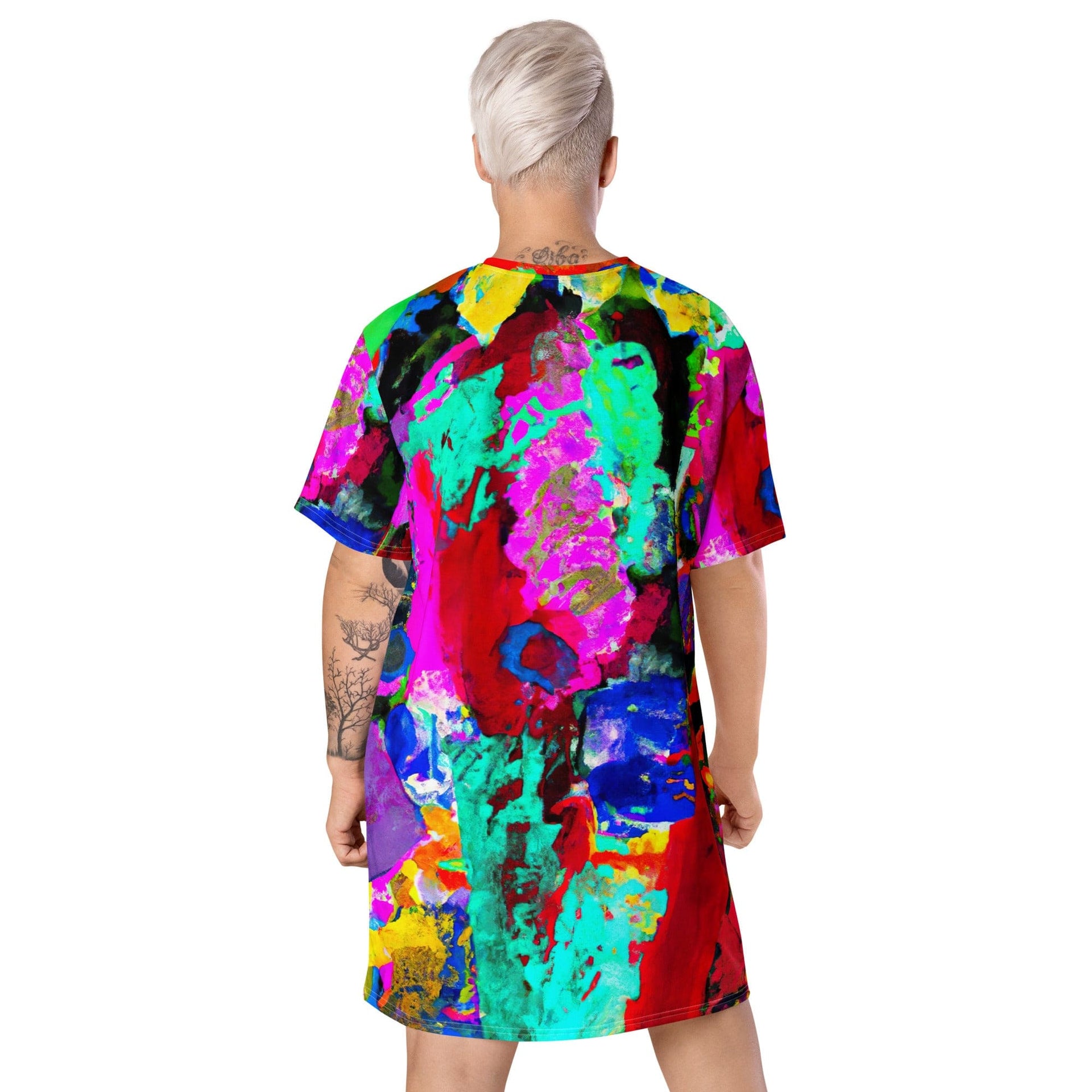 Womens Graphic T-shirt Dress, Red Multicolor Abstract Print-1