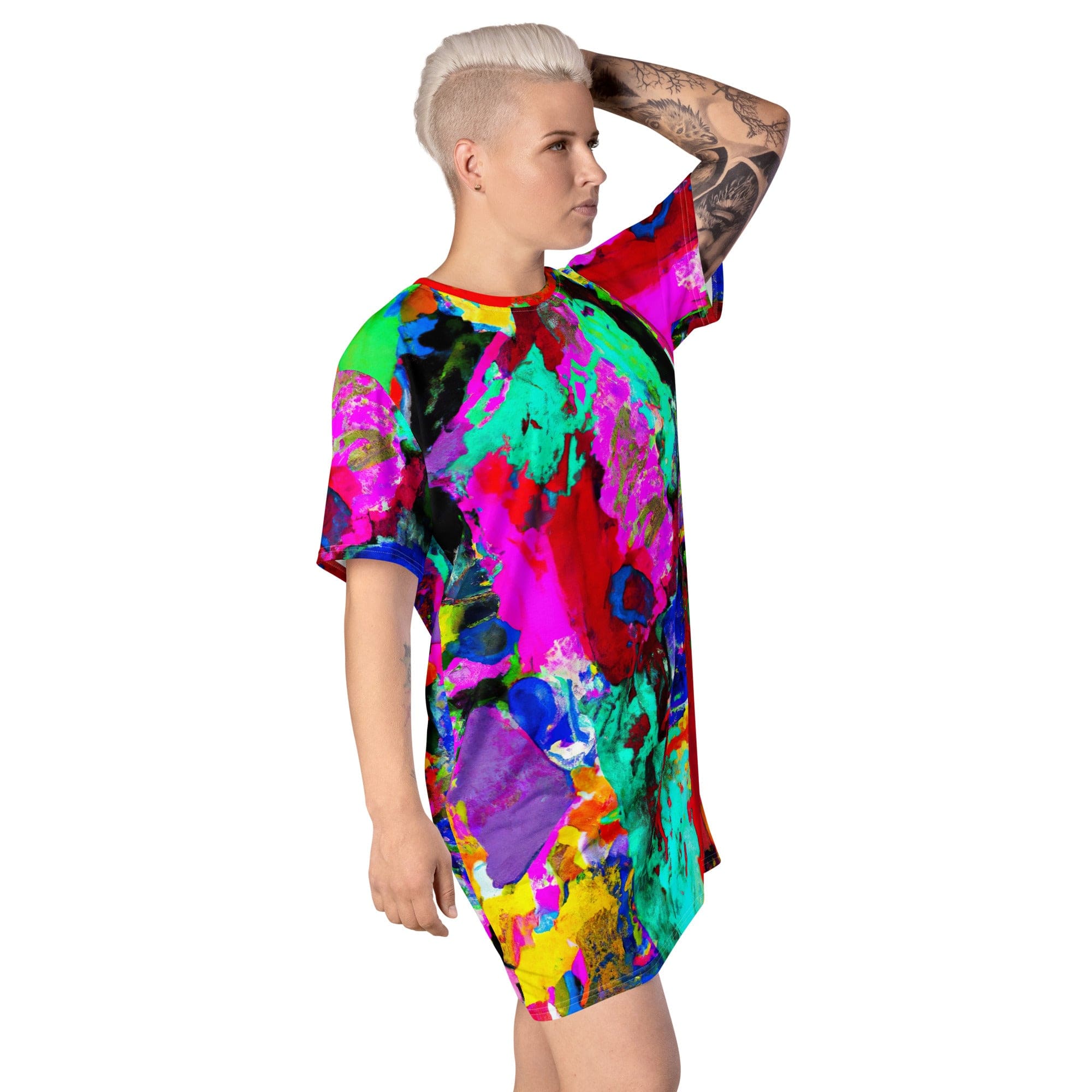 Womens Graphic T-shirt Dress, Red Multicolor Abstract Print-3