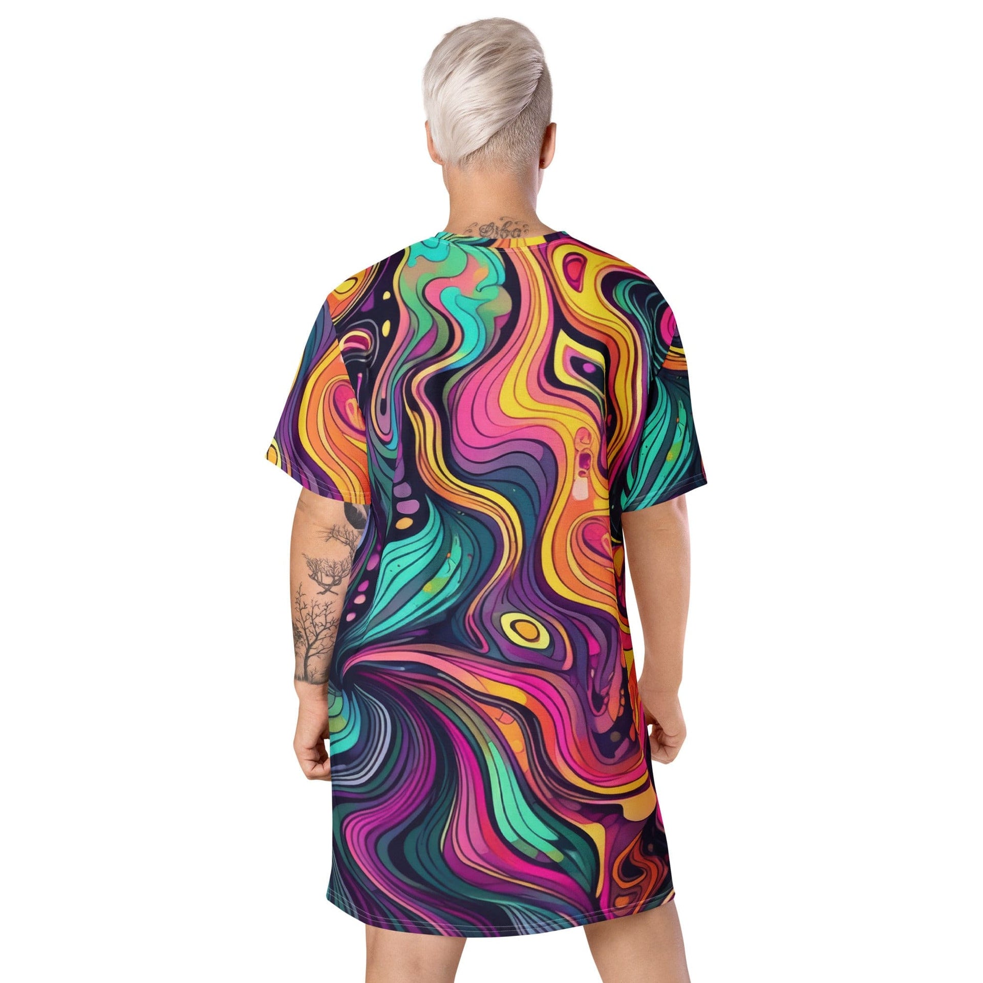 Womens Graphic T-shirt Dress, Vibrant Psychedelic Kaleidoscope Boho 2-4