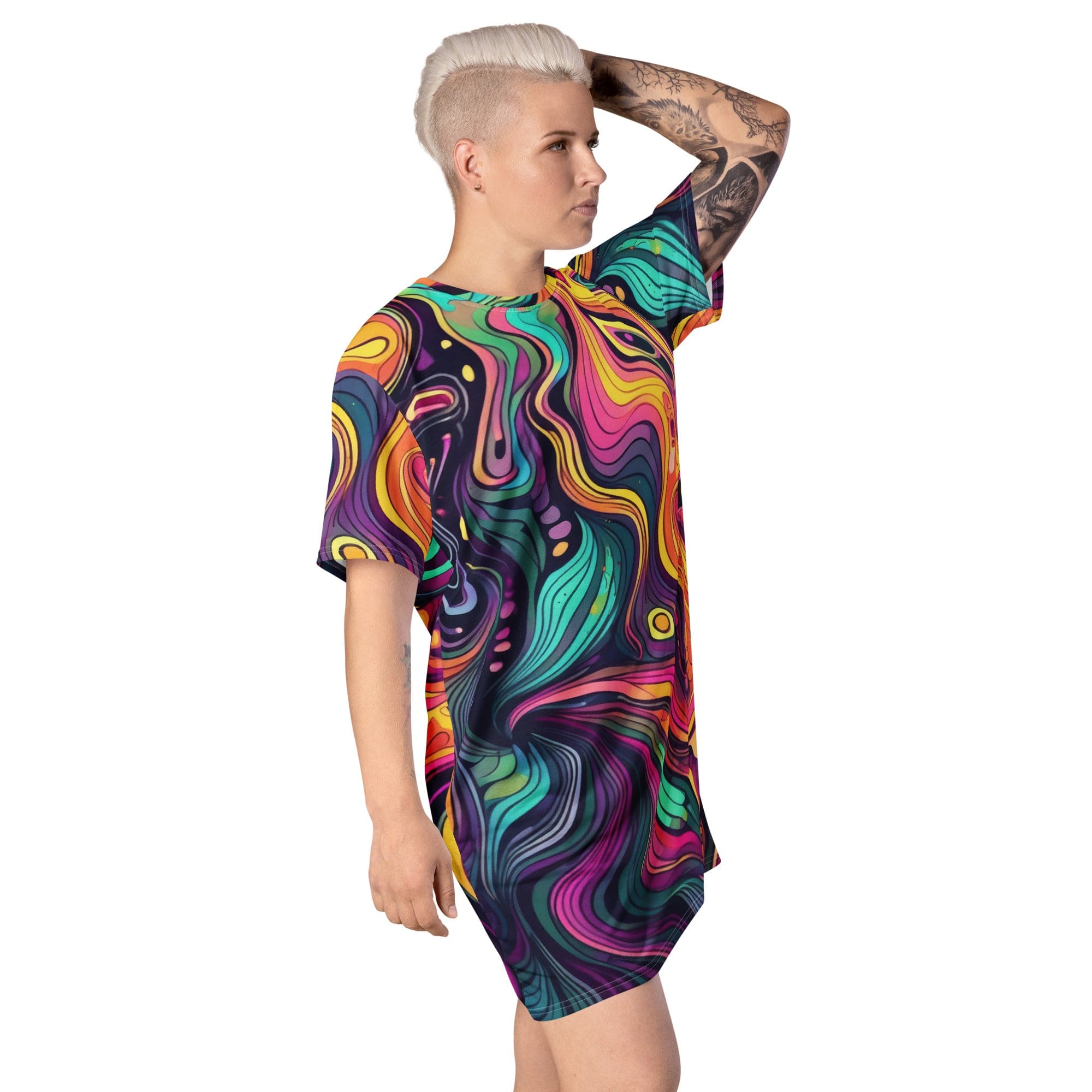 Womens Graphic T-shirt Dress, Vibrant Psychedelic Kaleidoscope Boho 2-3