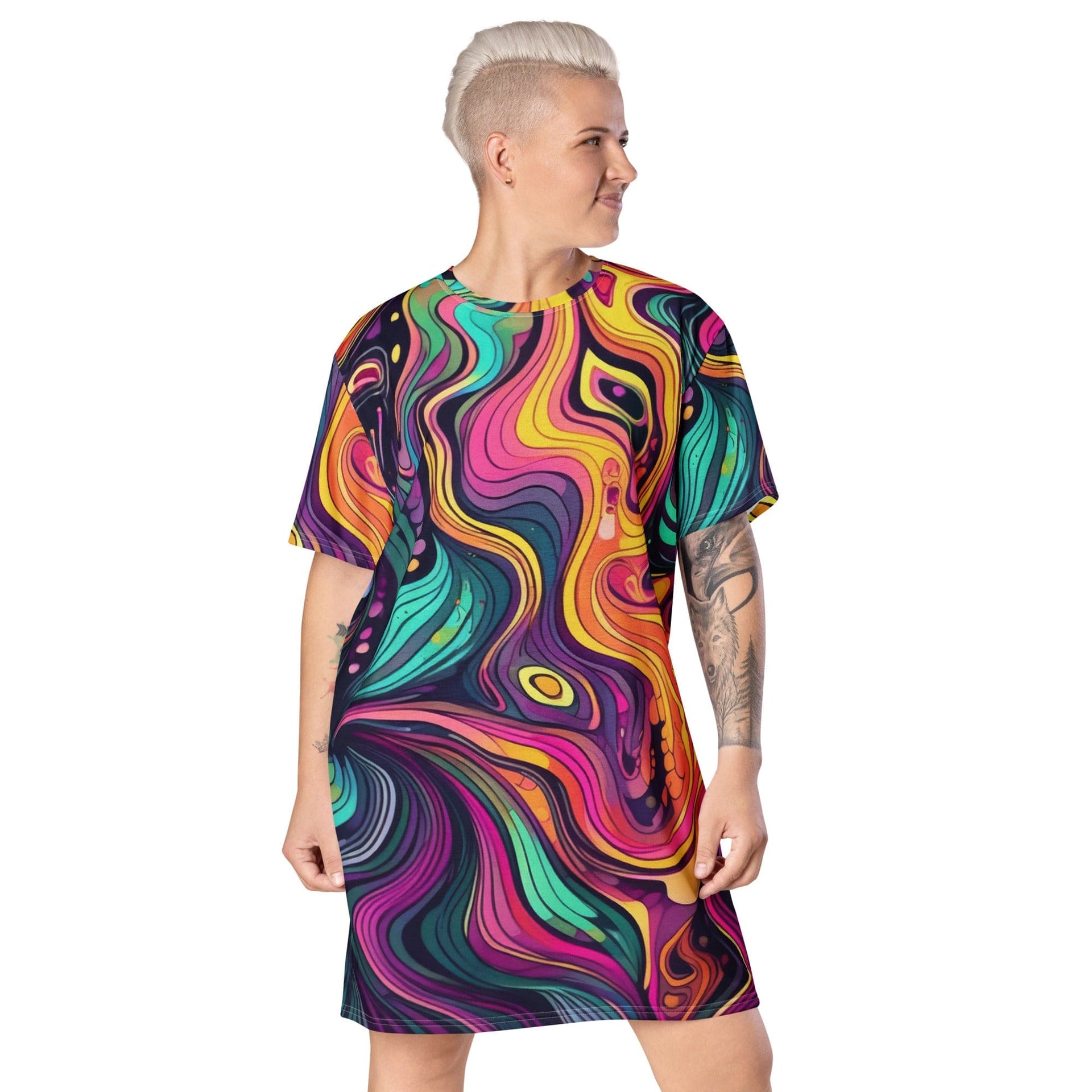 Womens Graphic T-shirt Dress, Vibrant Psychedelic Kaleidoscope Boho 2-0