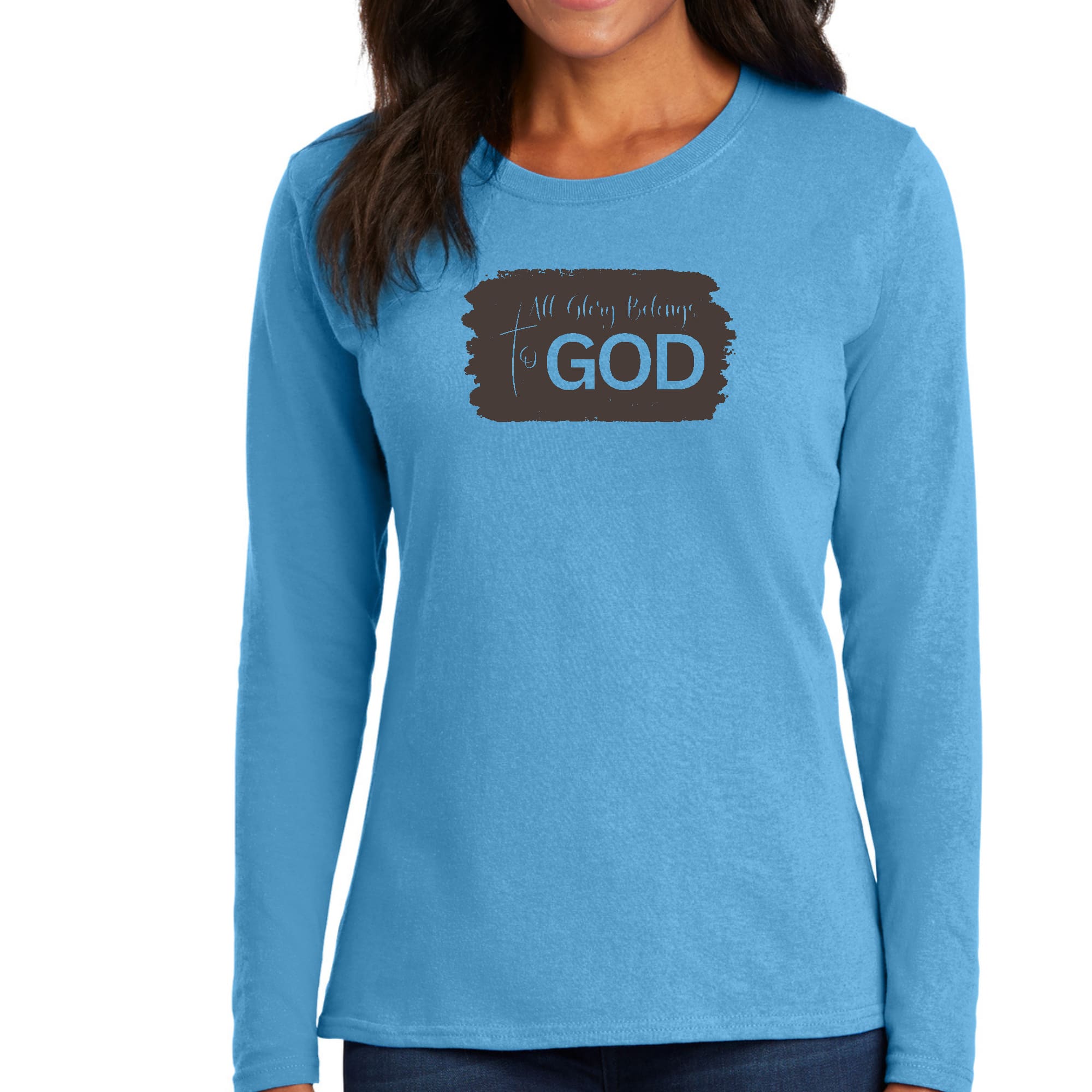 Womens Long Sleeve Graphic T-shirt, All Glory Belongs to God, Brown-3