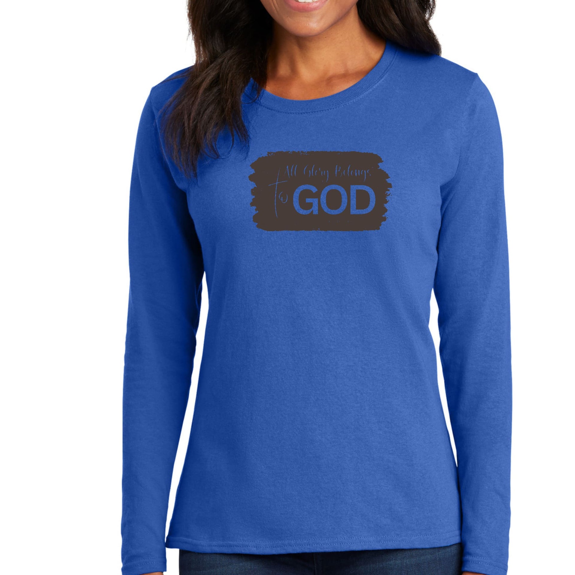 Womens Long Sleeve Graphic T-shirt, All Glory Belongs to God, Brown-2