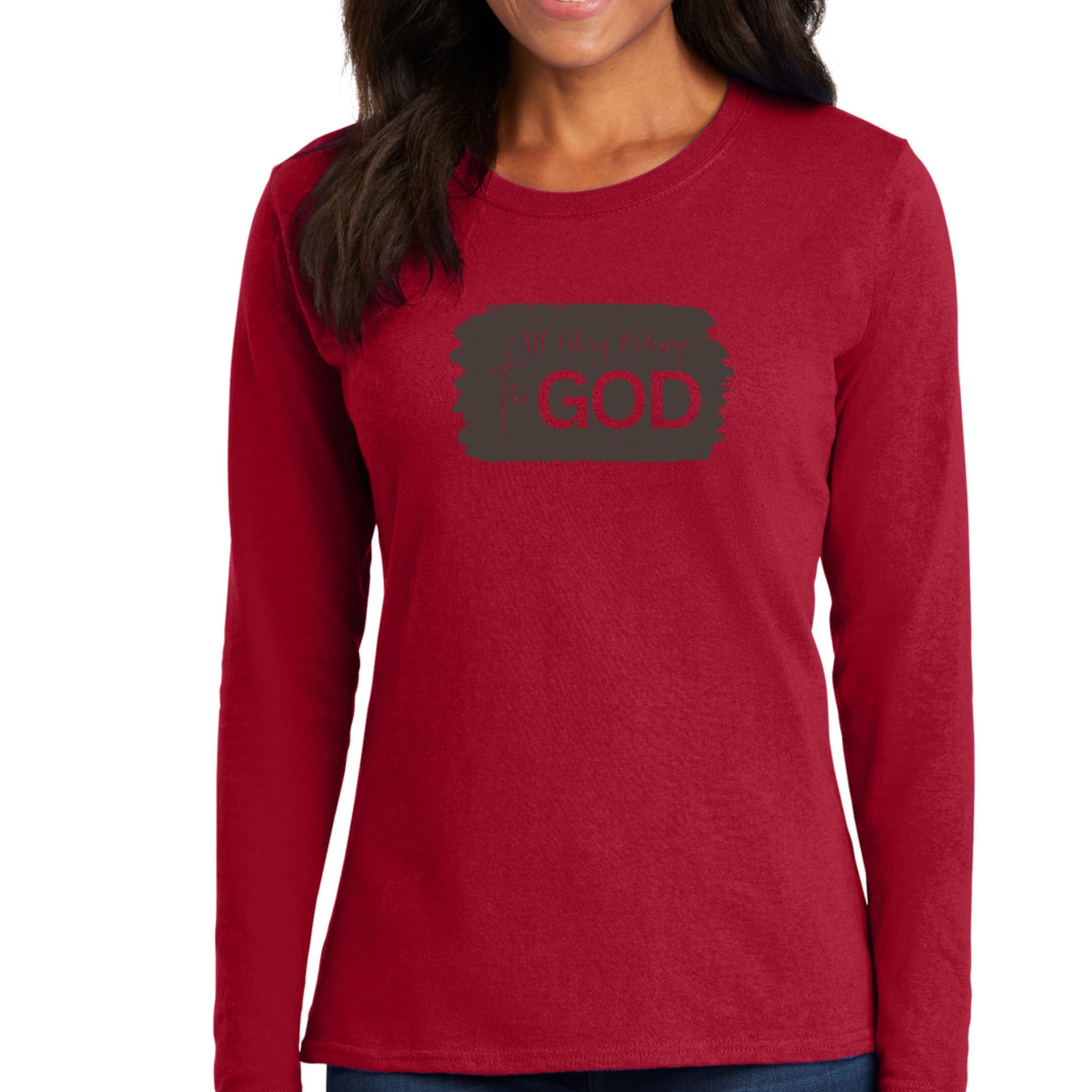 Womens Long Sleeve Graphic T-shirt, All Glory Belongs to God, Brown-1