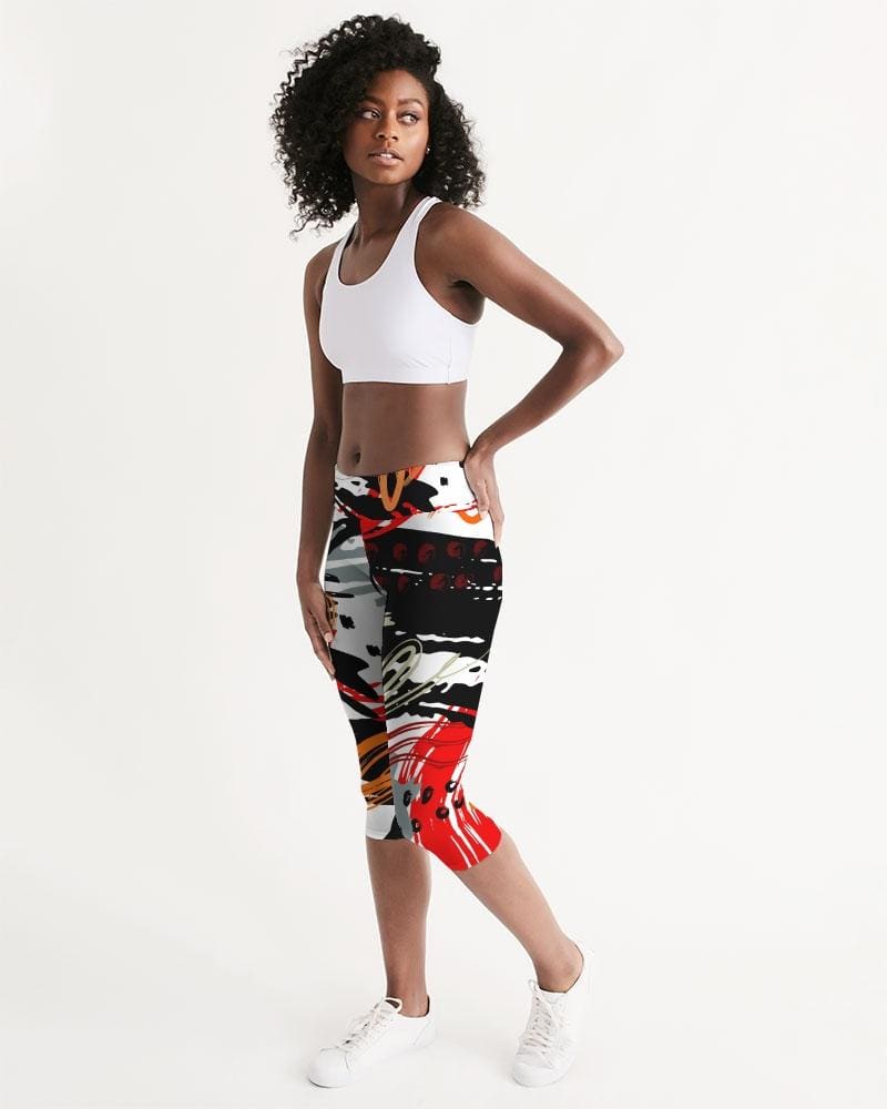 Womens Mid-rise Capri Leggings, Black Red Gray Abstract Pattern-2