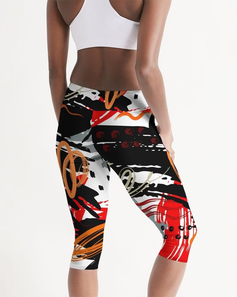 Womens Mid-rise Capri Leggings, Black Red Gray Abstract Pattern-4