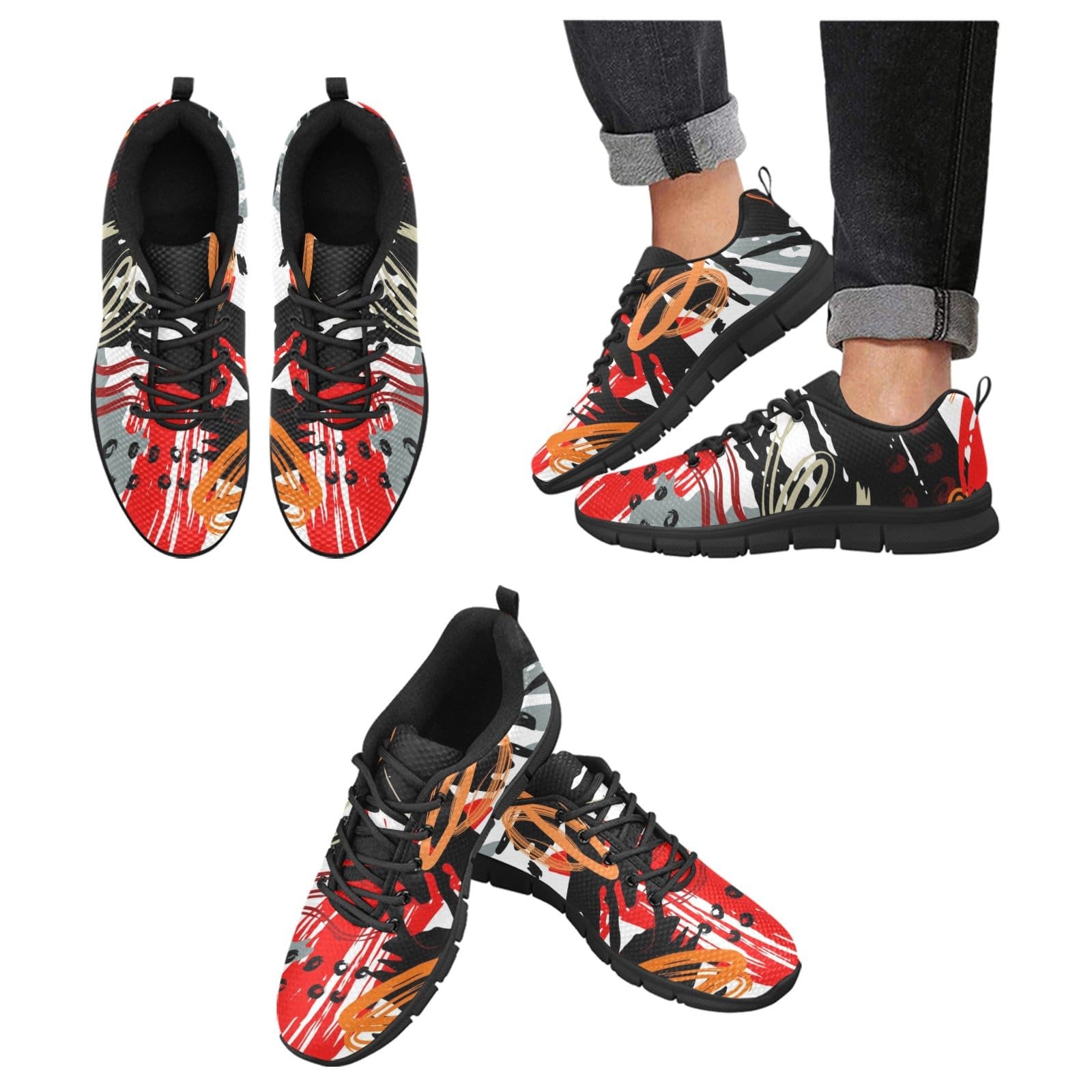 Womens Sneakers, Black and White Abstract Print Running Shoes-3