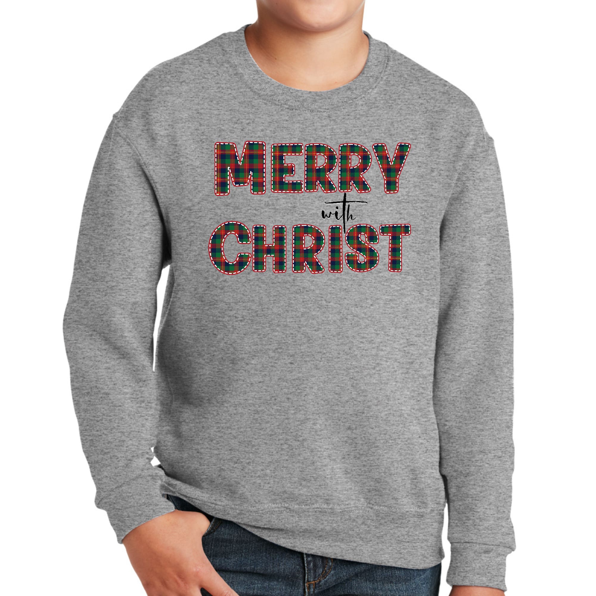 Youth Graphic Sweatshirt Merry with Christ, Red and Green Plaid-1