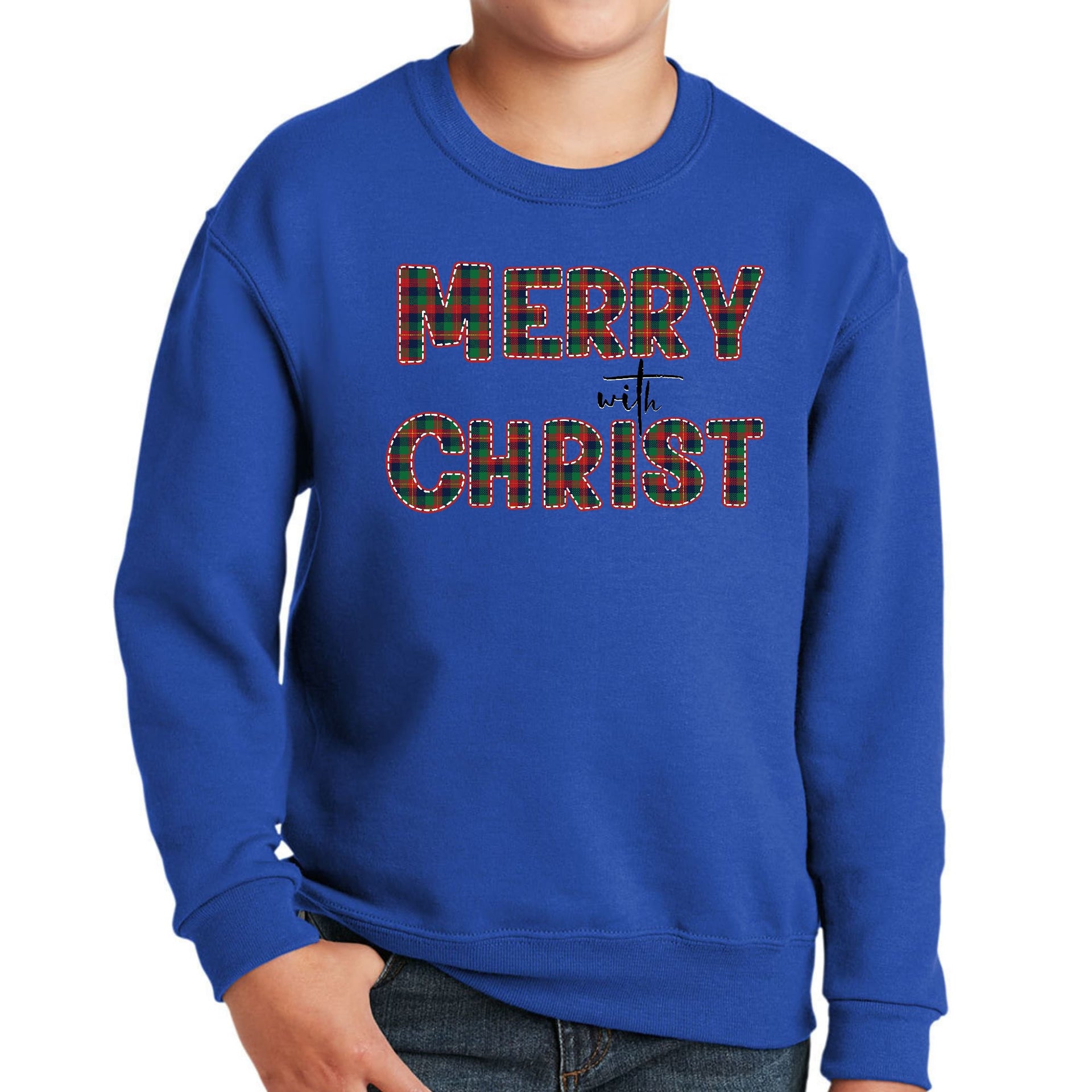 Youth Graphic Sweatshirt Merry with Christ, Red and Green Plaid-3