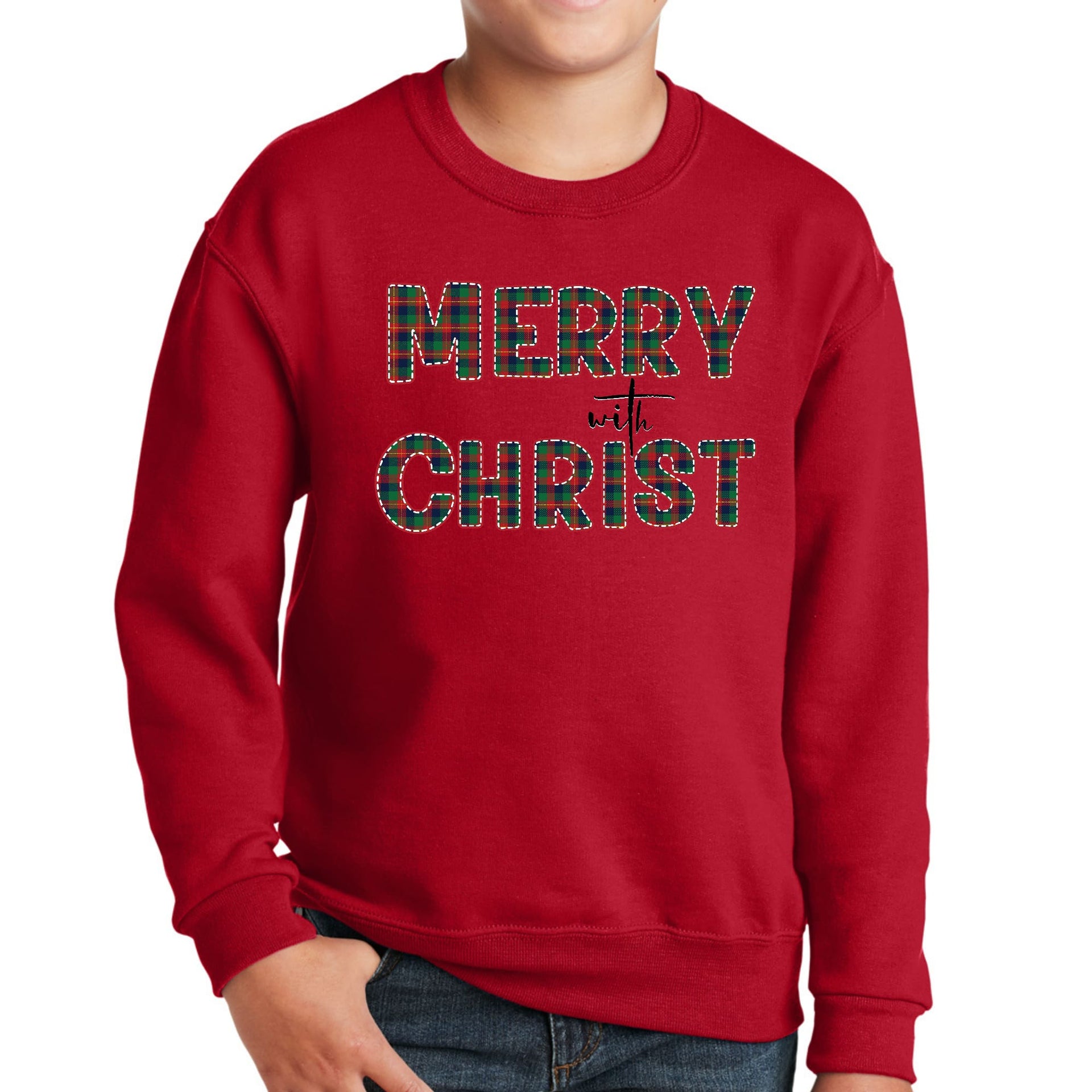 Youth Graphic Sweatshirt Merry with Christ, Red and Green Plaid-2