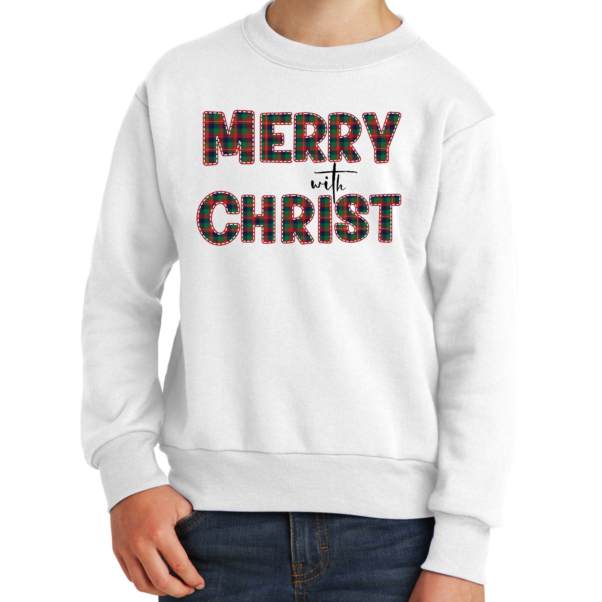 Youth Graphic Sweatshirt Merry with Christ, Red and Green Plaid-0