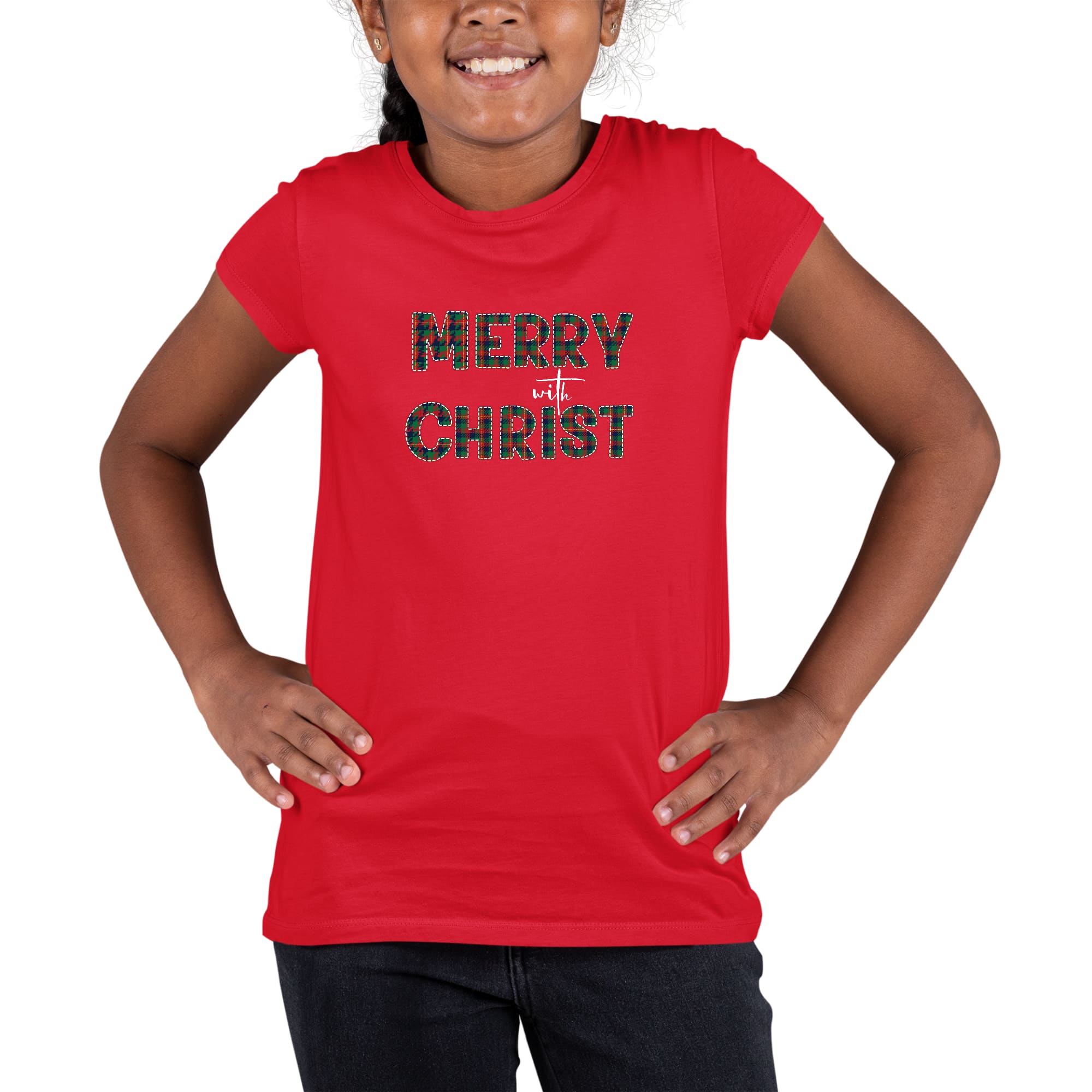 Youth Short Sleeve Graphic T-shirt, Merry with Christ, Red and Green-2